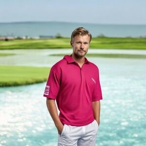 Under Armour Heatgear Polo Men’s Unisex T-shirt Pink Striped Loose Fit Tee Top